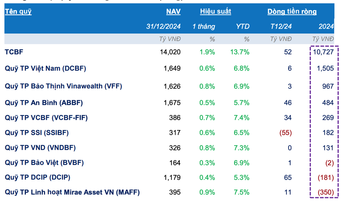 Top quỹ có dòng tiền vào/ra (ròng) năm 2024