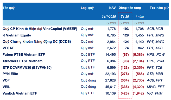 Top vào/rút ròng theo từng loại loại hình quỹ trong tháng 1/2025