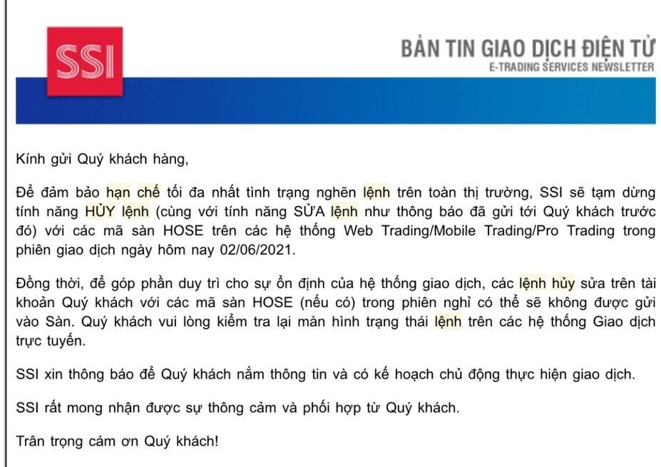 Thông báo ngày 2/6 của SSI