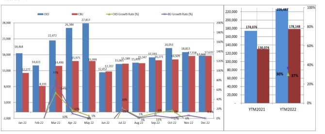 Lũy kế cả năm, doanh số ô tô lắp ráp và nhập khẩu tăng hơn 30% so với cùng kỳ năm ngoái.
