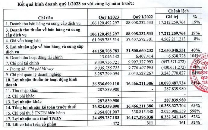 Kết quả kinh doanh của TNH trong quý I/2023