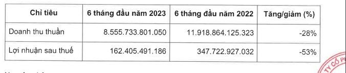 Kết quả kinh doanh Digiworld 6 tháng đầu năm 2023 so với cùng kỳ năm ngoái.
