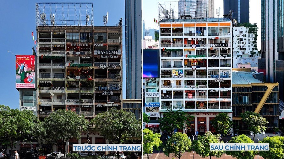 Chung cư 40 - 42 Nguyễn Huệ được sơn mới tường và cửa trở nên nổi bật, khang trang.