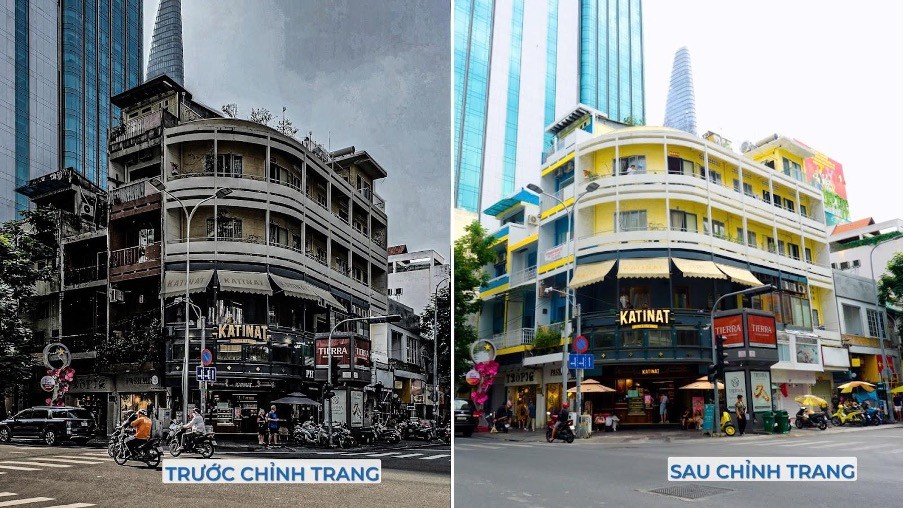 Tòa nhà tại ngã tư Mạc Thị Bưởi và Đồng khởi được sơn mới khoác diện mạo khác so với trước.