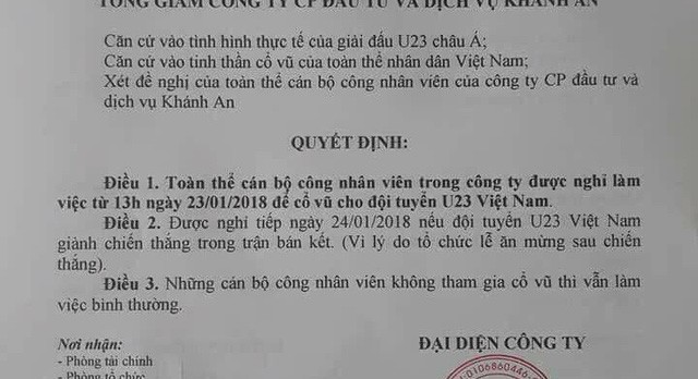 Nhiều công ty cho nhân viên nghỉ làm để... cổ vũ U23 Việt Nam ảnh 1