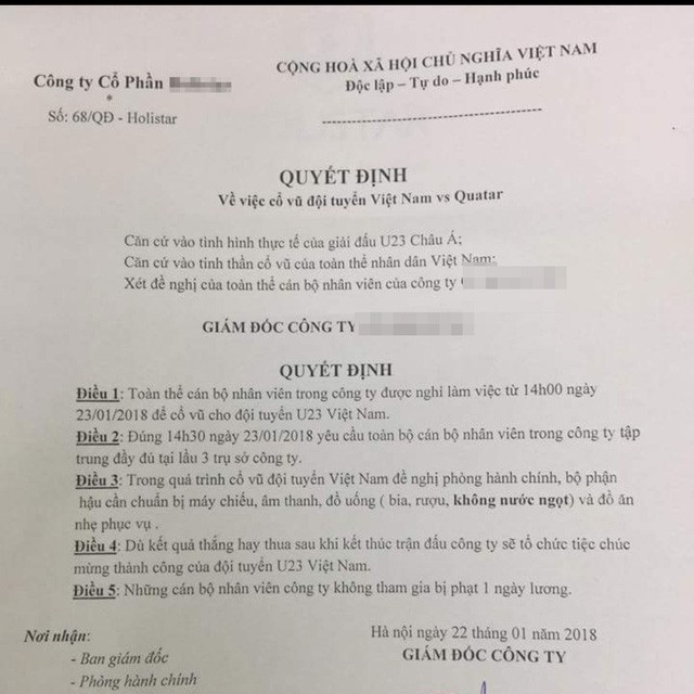 Nhiều công ty cho nhân viên nghỉ làm để... cổ vũ U23 Việt Nam ảnh 2