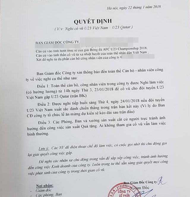 Nhiều công ty cho nhân viên nghỉ làm để... cổ vũ U23 Việt Nam ảnh 3