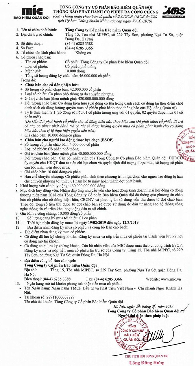 Bảo hiểm Quân đội (MIC) phát hành thêm 46 triệu cổ phiếu ra công chúng ảnh 1