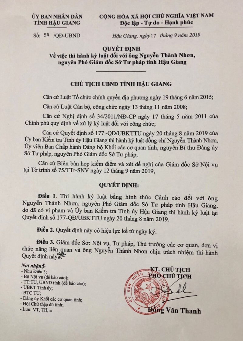 Kỷ luật cảnh cáo nguyên Phó giám đốc Sở Tư pháp Hậu Giang không nhận nhiệm vụ ảnh 1