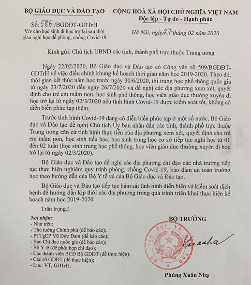 Bộ GD&ĐT đề nghị cho trẻ mầm non, học sinh tiểu học, THCS nghỉ thêm 1-2 tuần ảnh 1