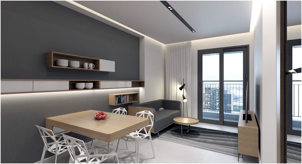 Với 3 gam màu chủ đạo xám – trắng- gỗ mang lại vẻ đẹp sang trọng căn hộ.