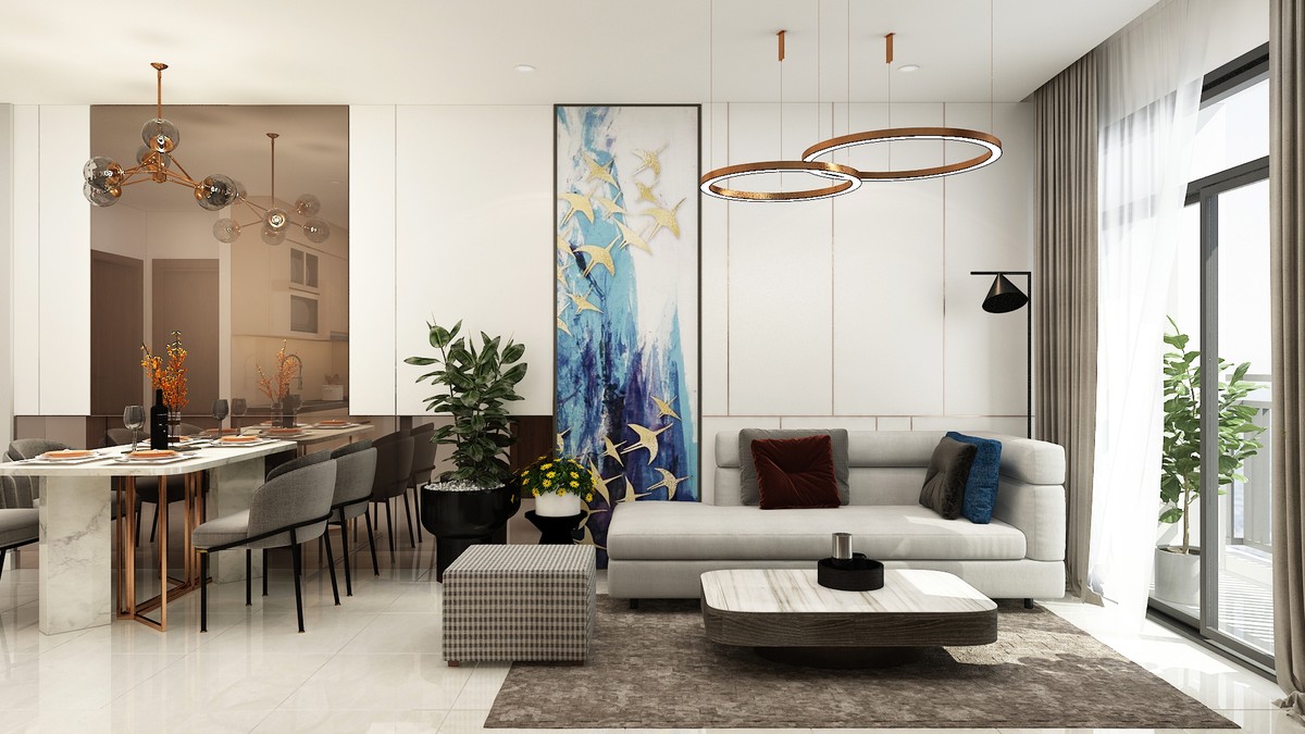 Thiết kế phòng ăn, phòng khách, bếp và balcony liên thông giúp căn hộ Legend Complex luôn sáng thoáng và tối ưu không gian sử dụng.