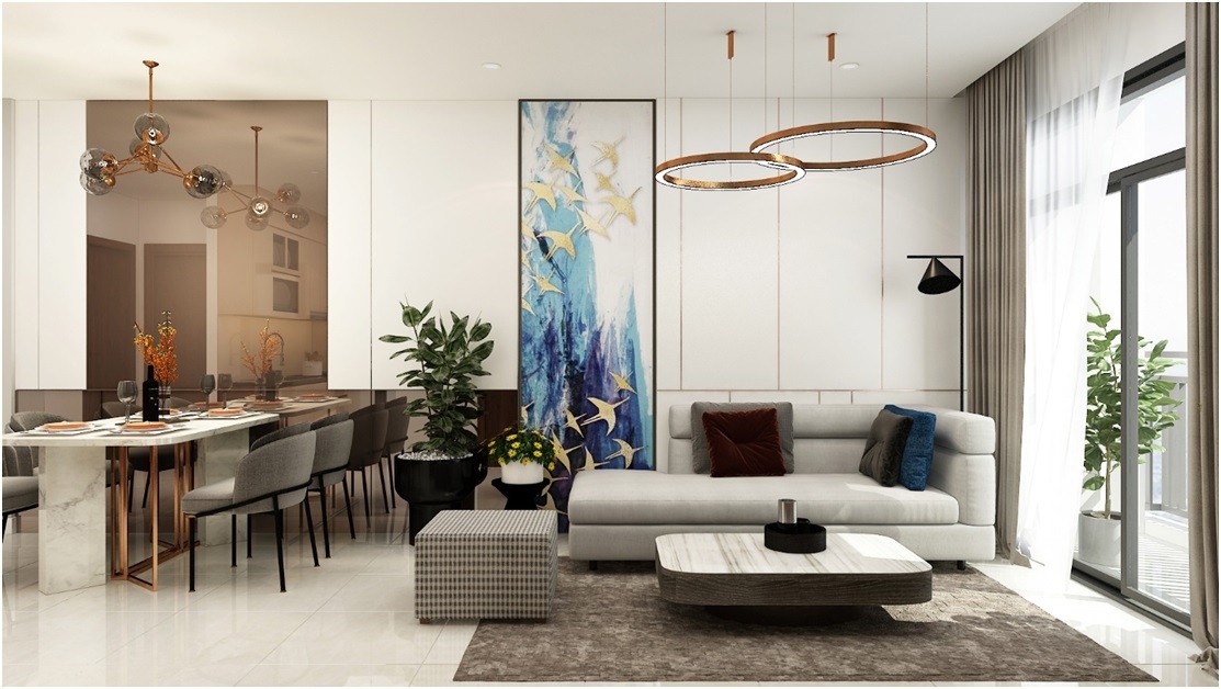 Thiết kế hiện đại theo phong cách mở liên thông giữa bếp, phòng ăn và phòng khách đồng thời kết nối với balcony rộng thoáng giúp căn hộ Legend Complex tối ưu hóa không gian sử dụng, tiếp xúc tối đa với gió và ánh sáng tự nhiên.