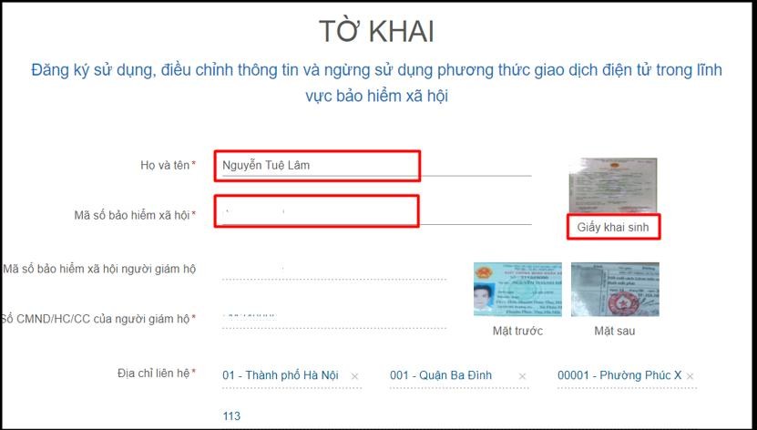 Màn hình khai báo các thông tin đăng ký.