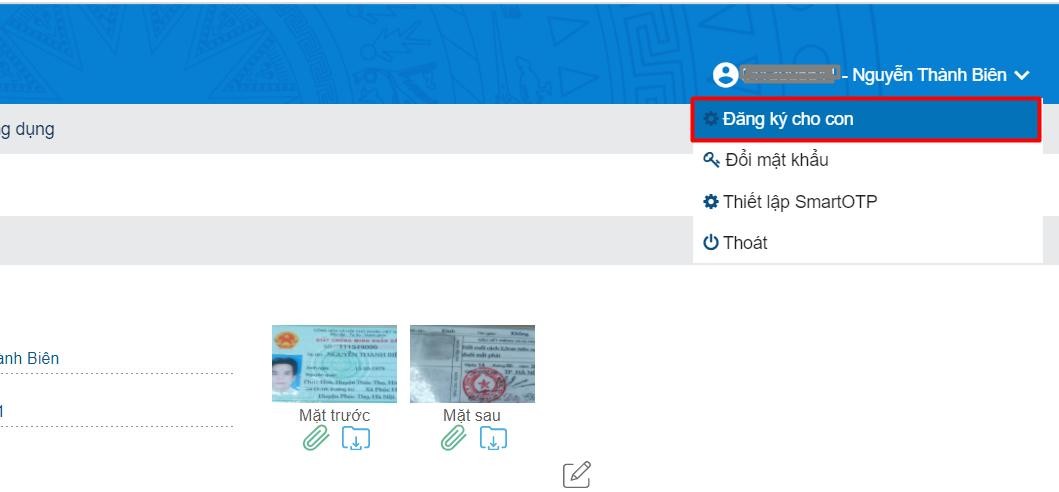 Màn hình chọn đăng ký cho con.