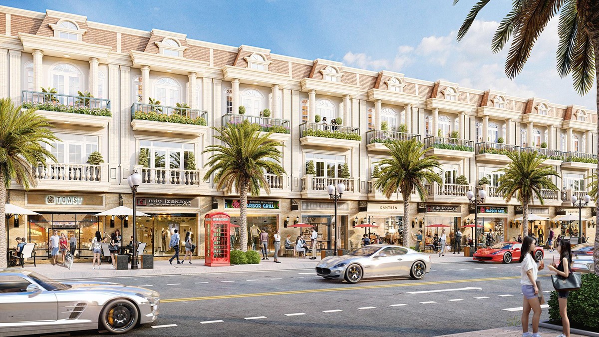 Phối cảnh một dãy shophouse của khu đô thị Thăng Long Central City tại Bàu Bàng đang xây dựng và được Liên minh sàn giao dịch 5F giới thiệu ra thị trường.