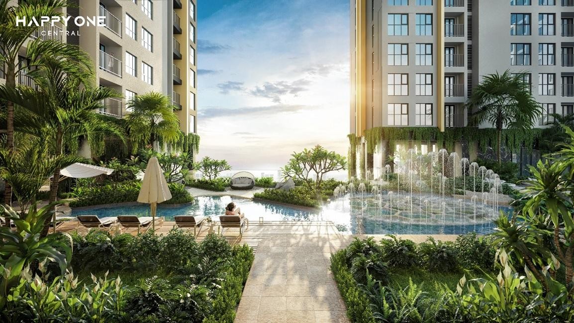 Mảng xanh xen kẽ giữa khu căn hộ giúp những chủ nhân Happy One - Central tận hưởng được cuộc sống gần gũi với thiên nhiên.