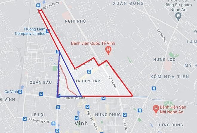 Phường Hà Huy Tập (khu vực khoanh đỏ), nơi có khoảng hơn 22.000 dân cư. Khu vực tạm thời phong tỏa gồm một phần các khối 3, 4, 5, 6, 8, 9, 10 và 11.