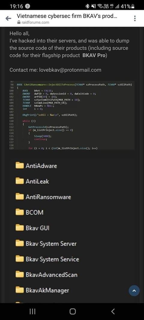 Hacker rao bán dữ liệu của Bkav trên diễn đàn.