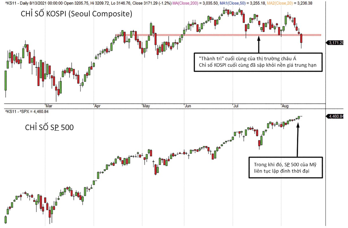 Bức tranh tương phản giữa chứng khoán châu Á và chứng khoán Mỹ.