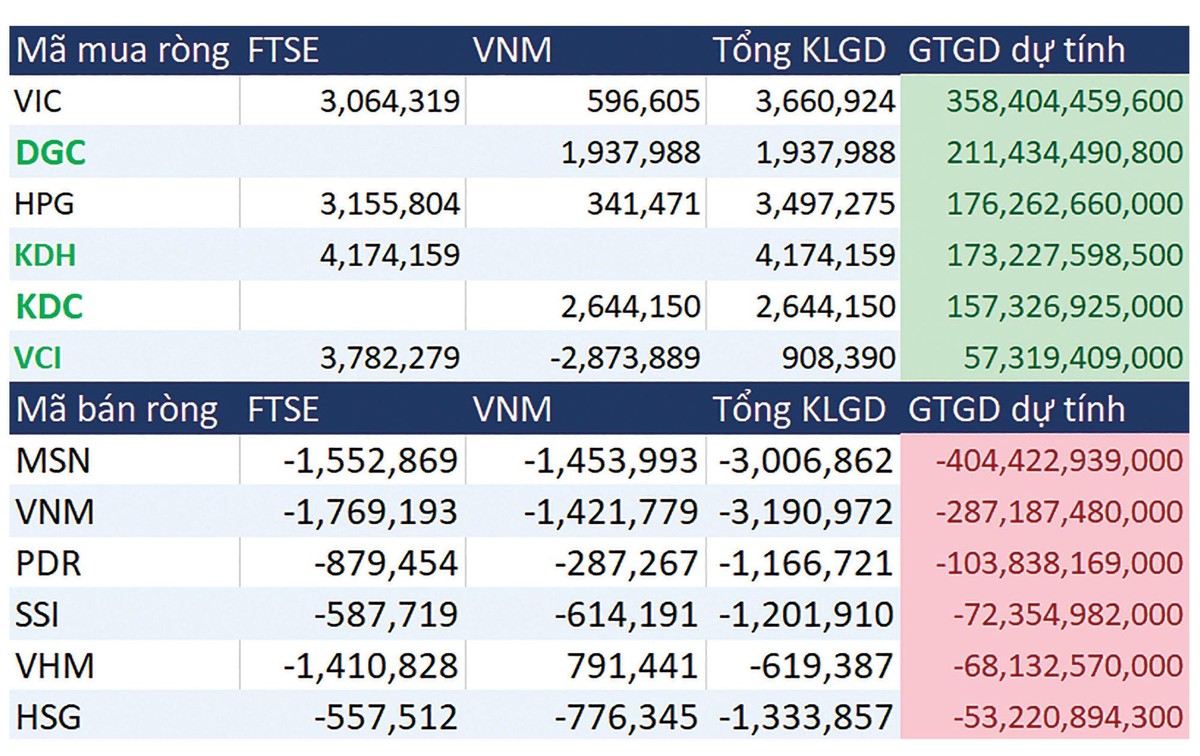 Các cổ phiếu dự kiến được mua/bán nhiều nhất bởi hai quỹ ETF là FTSE và V.N.M.