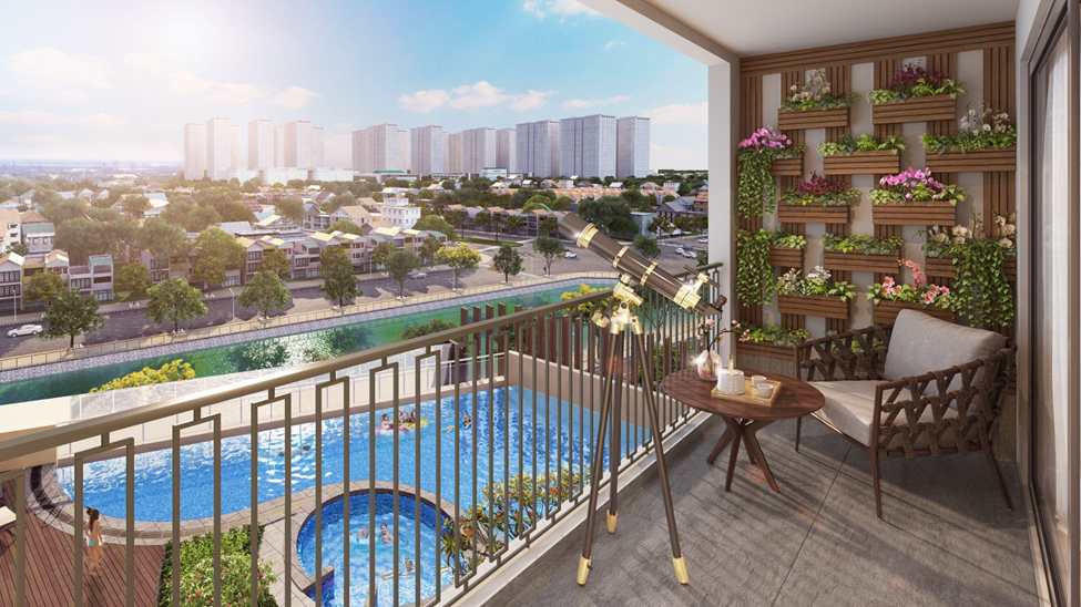 Dưới làn nước xanh mát cùng ánh nắng chan hòa, phóng tầm nhìn hướng ra phố mang đến giá trị sống thăng hoa cho chủ nhân tại Hinode City,