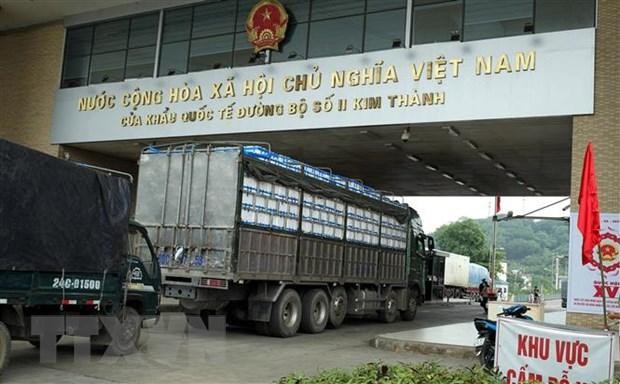 Xe ôtô chở vải tươi qua Cửa khẩu Kim Thành xuất khẩu sang Trung Quốc. (Ảnh: Quốc Khánh/TTXVN)