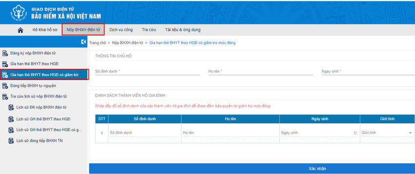 Màn hình nhập thông tin gia hạn thẻ BHYT.