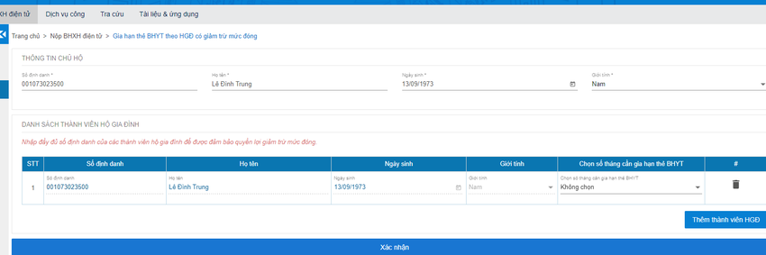 Màn hình nhập thông tin chủ hộ.