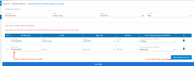 Màn hình số định danh của thành viên hộ gia đình.
