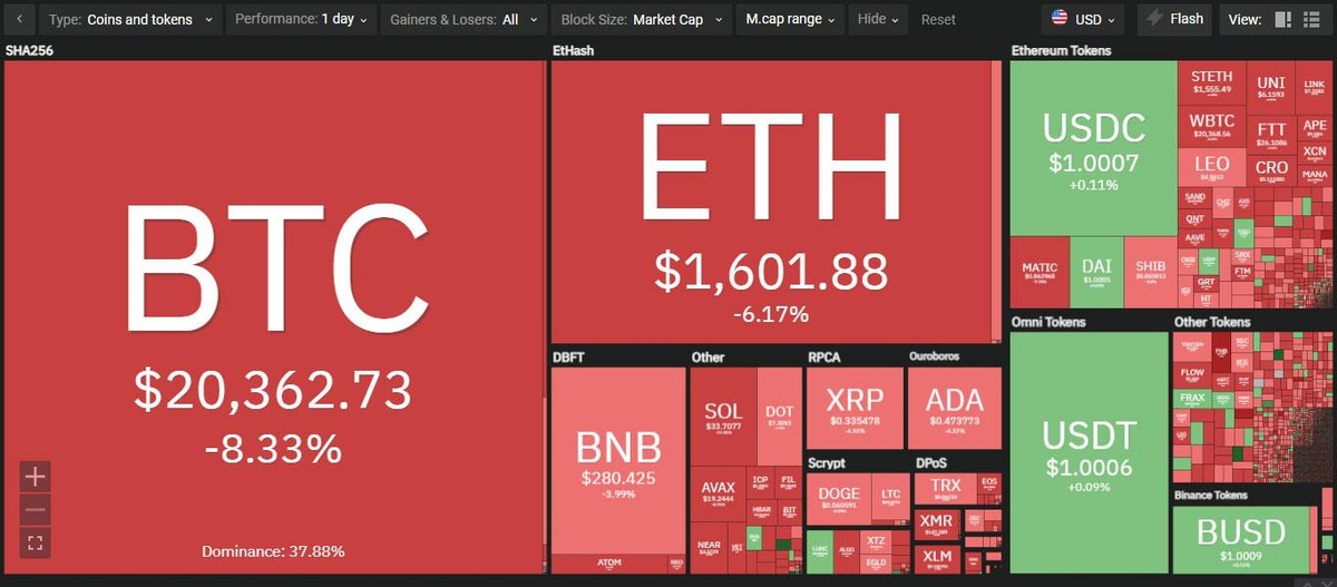 Thị trường rực đỏ trong phiên giao dịch ngày 14/9. Nguồn: Coin360.