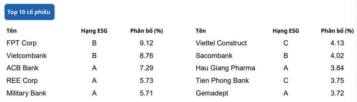 Top 10 cổ phiếu của UVEEF cho tới cuối tháng 6/2023.