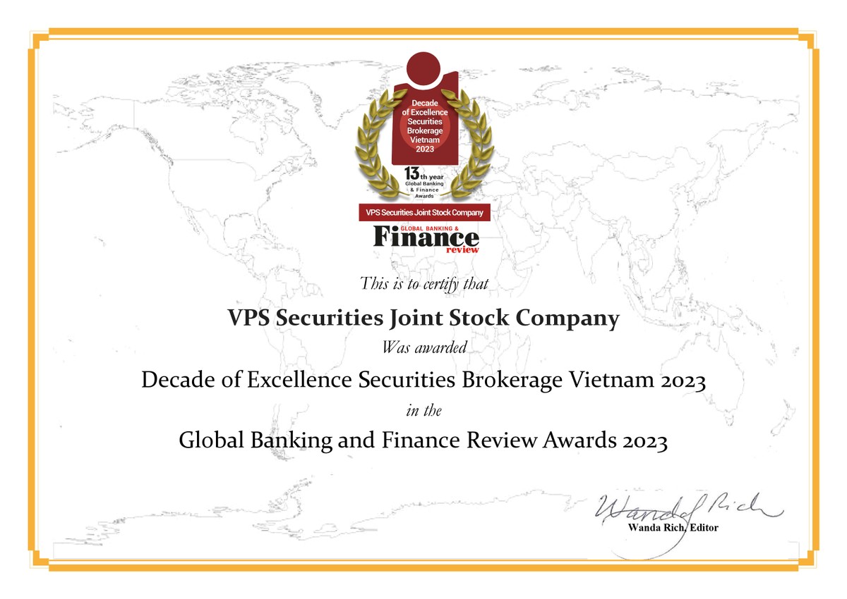 Giấy chứng nhận giải thưởng do Global Banking &amp; Finance Review trao tặng VPS.