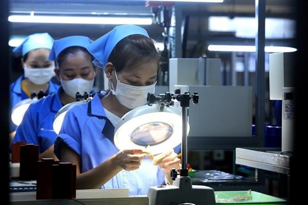 Công nhân kiểm tra thành phẩm tại Công ty Trách nhiệm Hữu hạn Sankoh Việt Nam - doanh nghiệp 100% vốn đầu tư Nhật Bản - tại Khu Công nghiệp Bờ Trái Sông Đà (tỉnh Hòa Bình). (Ảnh: Tuấn Anh/TTXVN).