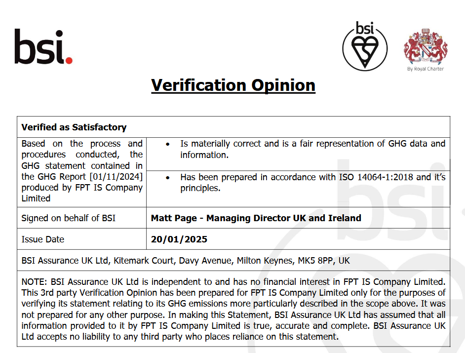 FPT là đơn vị công nghệ tiên phong tại Việt Nam đạt chứng nhận ISO 14064-1:2018.