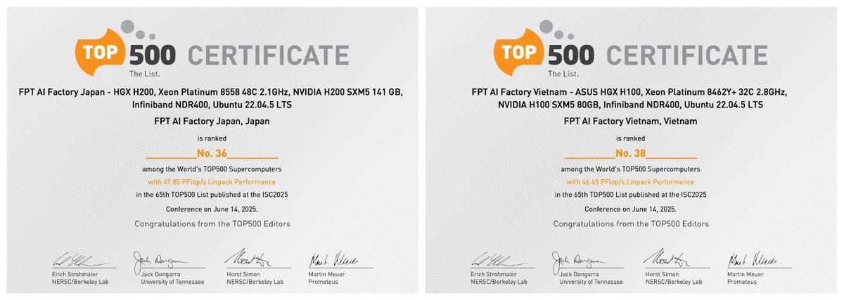 Hai nhà máy AI của FPT giữ vị trí thứ 36 và 38 trong BXH TOP500 (Nguồn: TOP500.org).