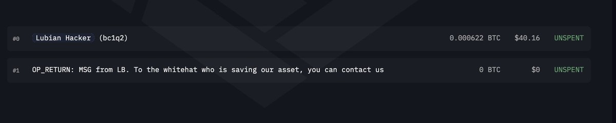 Tin nhắn OP_RETURN từ LuBian gửi đến hacker.