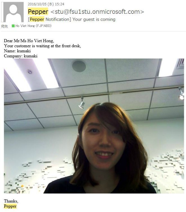 Hình ảnh Pepper gửi về cho PIC sau khi khách hàng đã hoàn tất việc khai báo.