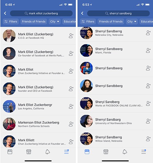 Hàng trăm tài khoản mạo danh Zuckerberg và Sandberrg trên Instagram lẫn Facebook.