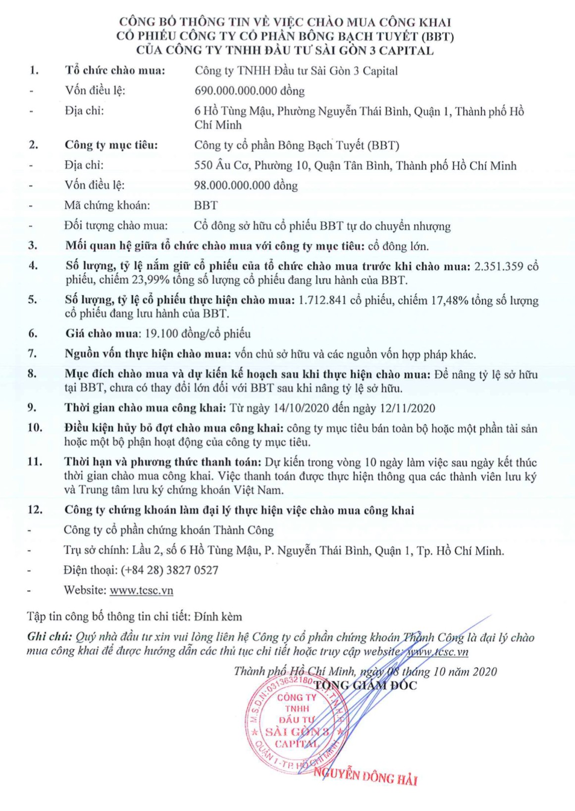 Công ty TNHH Đầu tư Sài Gòn 3 Capital thông báo chào mua công khai cổ phiếu CTCP Bông Bạch Tuyết (BBT) ảnh 1