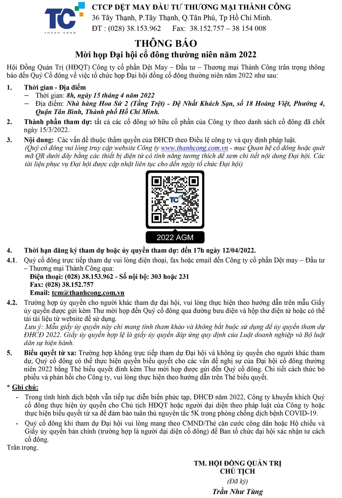 Chi tiết nội dung Đại hội và tài liệu Đại hội đồng cổ đông, nhà đầu tư vui lòng truy cập: https://www.thanhcong.com.vn/vi/dai-hoi-dong-co-dong/