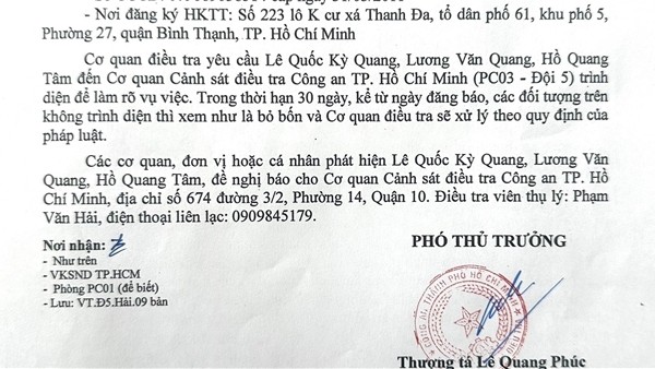 Thông báo tìm người số 8945/CSKT-Đ5 ngày 10/5/2024 của Cơ quan Cảnh sát điều tra Công an TP.HCM