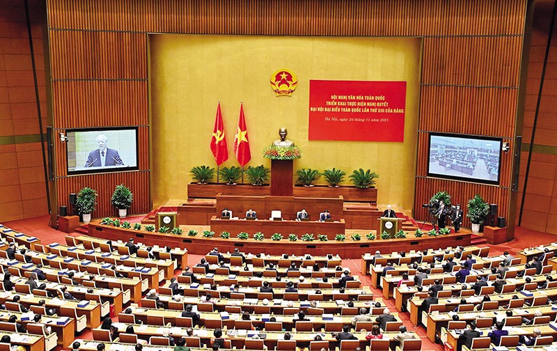 Tổng Bí thư Nguyễn Phú Trọng phát biểu tại Hội nghị Văn hóa toàn quốc ngày 24/11/2021. Ảnh: Đăng Khoa