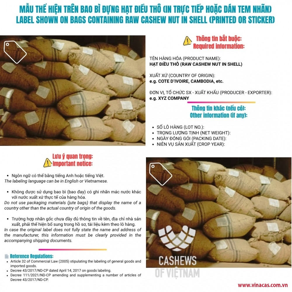 Hướng dẫn quy định về tem nhãn bao bì của Vinacas cho doanh nghiệp nhập khẩu điều thô.