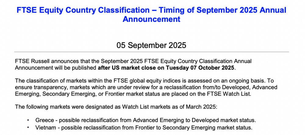 Thông báo mới nhất của FTSE.