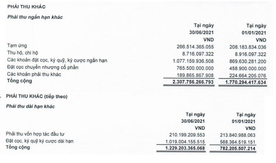 Các khoản phải thu chính của LDG tới 30/6/2021