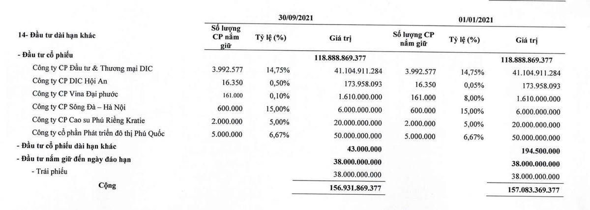 Danh mục Đầu tư cổ phiếu của DIG tính tới 30/9/2021