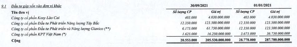 Danh mục đầu tư góp vốn vào đơn vị khác của KOS tính tới 30/9/2021