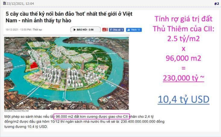 Trên một diễn đàn chứng khoán, nhà đầu tư định giá quỹ đất CII theo giá đấu giá tại Thủ Thiêm lên tới 10,4 tỷ USD.