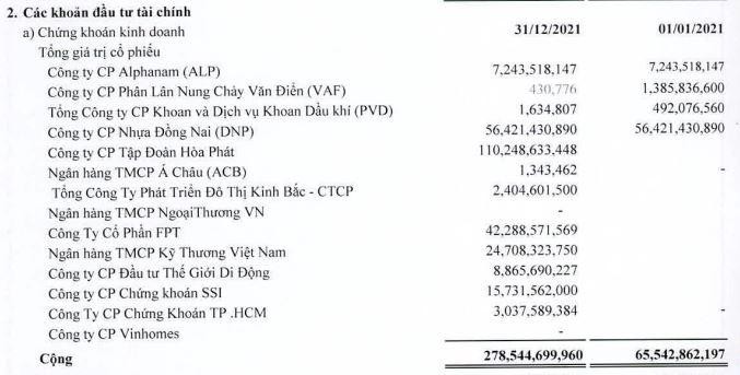 Danh mục cổ phiếu đang đầu tư của SAM tính tới 31/12/2021.